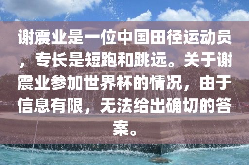 谢震业是一位中国田径运动员，专长是短跑和跳远。关于谢震业参加世界杯的情况，由于信息有限，无法给出确切的答案。漯河市盈旭机械设备有限公司