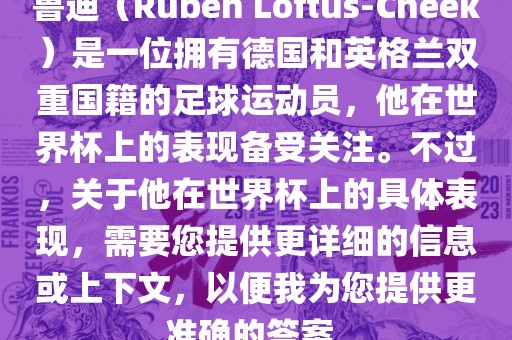 鲁迪（Ruben Loftus-Cheek）是一位拥有德国和英格兰双重国籍的足球运动员，他在世界杯上的表现备受关注。不过，关于他在世界杯上的具体表现，需要您提供更详细的信息或上下文，以便我为您提供更准确的答案。