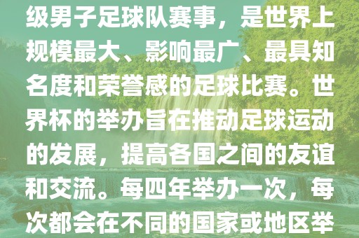 世界杯，全称国际足联世界杯（FIFA World Cup），是由国际足球联合会主办的一项国家级男子足球队赛事，是世界上规模最大、影响最广、最具知名度和荣誉感的足球比赛。世界杯的举办旨在推动足球运动的发展，提高各国之间的友谊和交流。每四年举办一次，每次都会在不同的国家或地区举办。世界杯的历史可以追溯到1930年，至今已经举办了二十几届。