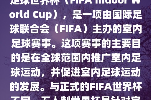 五人制世界杯，也被称为室内足球世界杯（FIFA Indoor World Cup），是一项由国际足球联合会（FIFA）主办的室内足球赛事。这项赛事的主要目的是在全球范围内推广室内足球运动，并促进室内足球运动的发展。与正式的FIFA世界杯不同，五人制世界杯是针对室内足球的比赛。