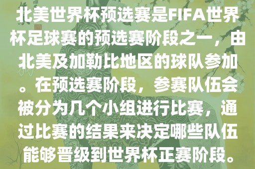 北美世界杯预选赛是FIFA世界杯足球赛的预选赛阶段之一，由北美及加勒比地区的球队参加。在预选赛阶段，参赛队伍会被分为几个小组进行比赛，通过比赛的结果来决定哪些队伍能够晋级到世界杯正赛阶段。