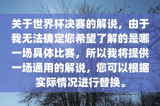 关于世界杯决赛的解说，由于我无法确定您希望了解的是哪一场具体比赛，所以我将提供一场通用的解说，您可以根据实际情况进行替换。漯河市盈旭机械设备有限公司