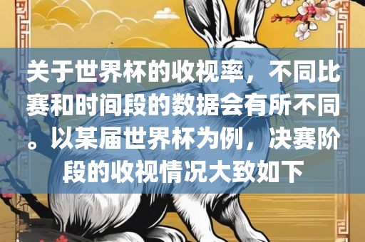 关于世界杯的收视率，不同比赛和时间段的数据会有所不同。以某届世界杯为例，决赛阶段的收视情况大致如下