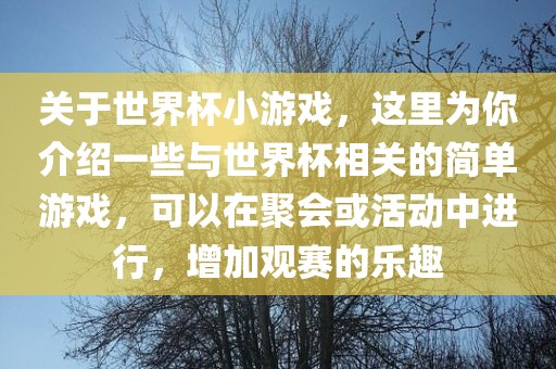 关于世界杯小游戏，这里为你介绍一些与世界杯相关的简单游戏，可以在聚会或活动中进行，增加观赛的乐趣