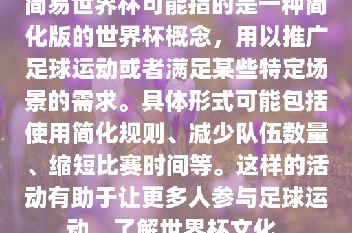 简易世界杯可能指的是一种简化版的世界杯概念，用以推广足球运动或者满足某些特定场景的需求。具体形式可能包括使用简化规则、减少队伍数量、缩短比赛时间等。这样的活动有助于让更多人参与足球运动，了解世界杯文化。