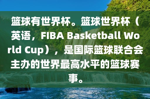 篮球有世界杯。篮球世界杯（英语，FIBA Basketball World Cup），是国际篮球联合会主办的世界最高水平的篮球赛事。漯河市盈旭机械设备有限公司