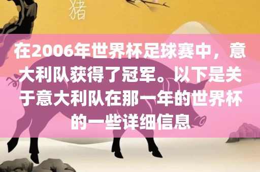 在2006年世界杯足球赛中，意大利队获得了冠军。以下是关于意大利队在那一年的世界杯的一些详细信息