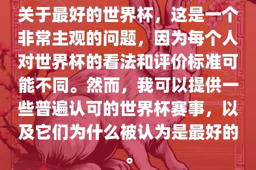 关于最好的世界杯，这是一个非常主观的问题，因为每个人对世界杯的看法和评价标准可能不同。然而，我可以提供一些普遍认可的世界杯赛事，以及它们为什么被认为是最好的。