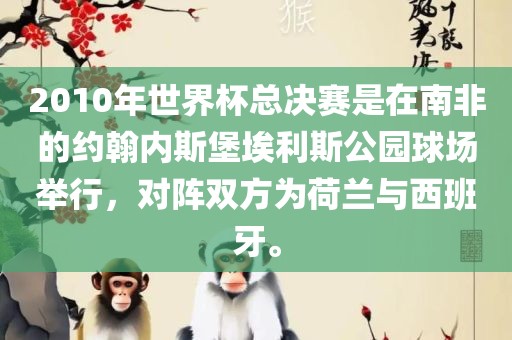 2010年世界杯总决赛是在南非的约翰内斯堡埃利斯公园球场举行，对阵双方为荷兰与西班牙。