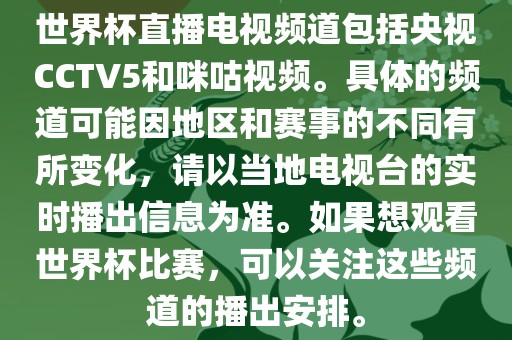 世界杯直播电视频道包括央视CCTV5和咪咕视频。具体的频道可能因地区和赛事的不同有所变化，请以当地电视台的实时播出信息为准。如果想观看世界杯比赛，可以关注这些频道的播出安排。