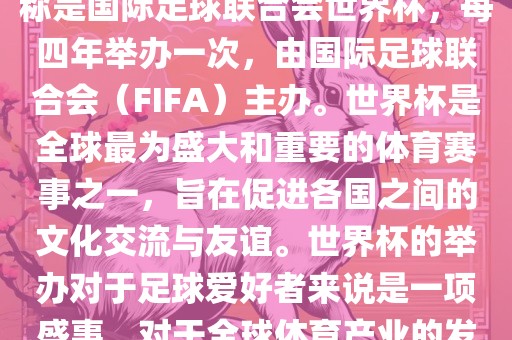 世界杯是一项国际足球赛事，全称是国际足球联合会世界杯，每四年举办一次，由国际足球联合会（FIFA）主办。世界杯是全球最为盛大和重要的体育赛事之一，旨在促进各国之间的文化交流与友谊。世界杯的举办对于足球爱好者来说是一项盛事，对于全球体育产业的发展也具有重要影响。漯河市盈旭机械设备有限公司