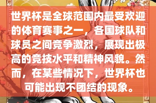 世界杯是全球范围内最受欢迎的体育赛事之一，各国球队和球员之间竞争激烈，展现出极高的竞技水平和精神风貌。然而，在某些情况下，世界杯也可能出现不团结的现象。漯河市盈旭机械设备有限公司